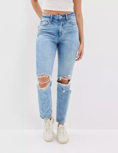 American Eagle AE Strigid Ripped Mom Jeans Damen Blau | CDIRX4107