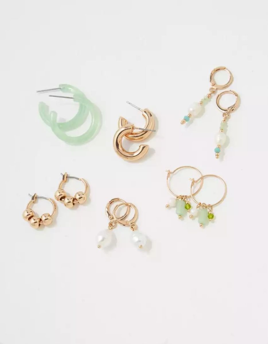 American Eagle AEO Resin Pearl Green Beaded Hoop Earring 6-Pack Schmuck Damen Mehrfarbig | PZHUD2478