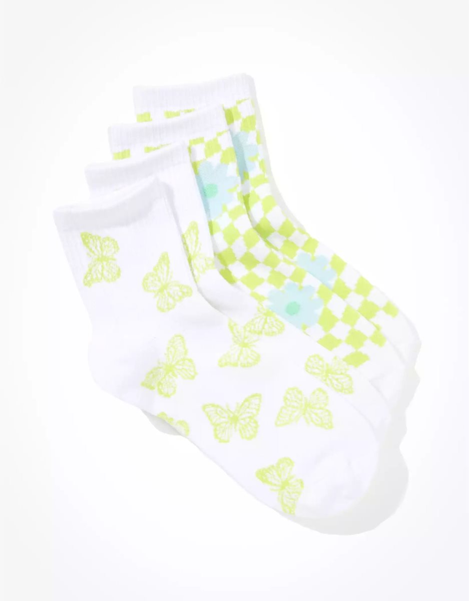 American Eagle AE Butterfly Checkerboard Boyfriend Sock 2-Pack Socken Damen Grün | JXEBH4012