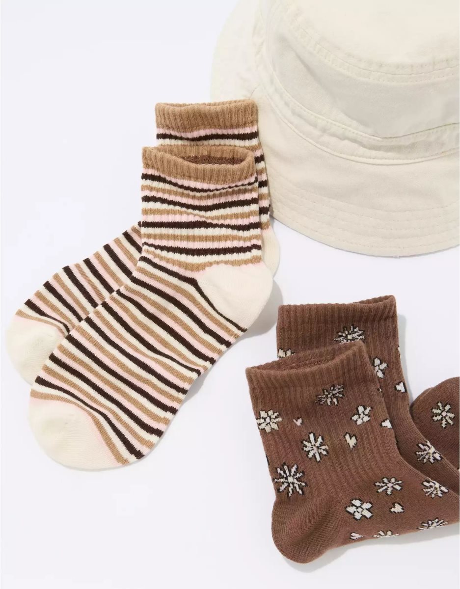 American Eagle AE Daisy Gestreift Boyfriend Sock 2-Pack Socken Damen Braun | HCDFV8260