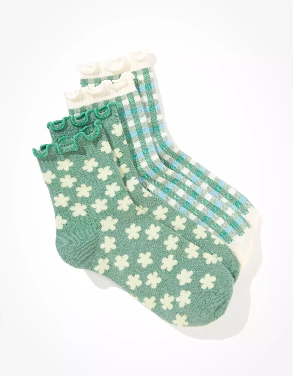 American Eagle AE Daisy Gingham Ruffle Boyfriend Sock 2-Pack Socken Damen Olivgrün | XNPRS5823