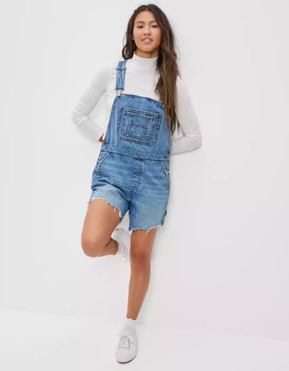 American Eagle AE Dreamy Drape Denim Baggy Overall GolfShorts Damen Hellwaschen | XGPJU1240