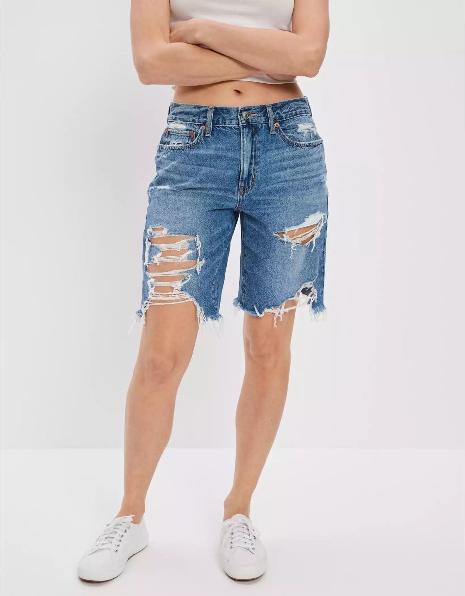 American Eagle AE Dreamy Drape Denim Low-Rise Baggy Bermuda GolfShorts Damen Dunkelindigo | TYBSO0593