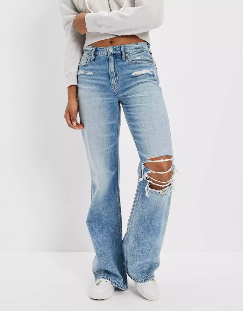 American Eagle AE Dreamy Drape Ripped Low-Rise Baggy Flare Jeans Damen Indigo | WLTAF0537