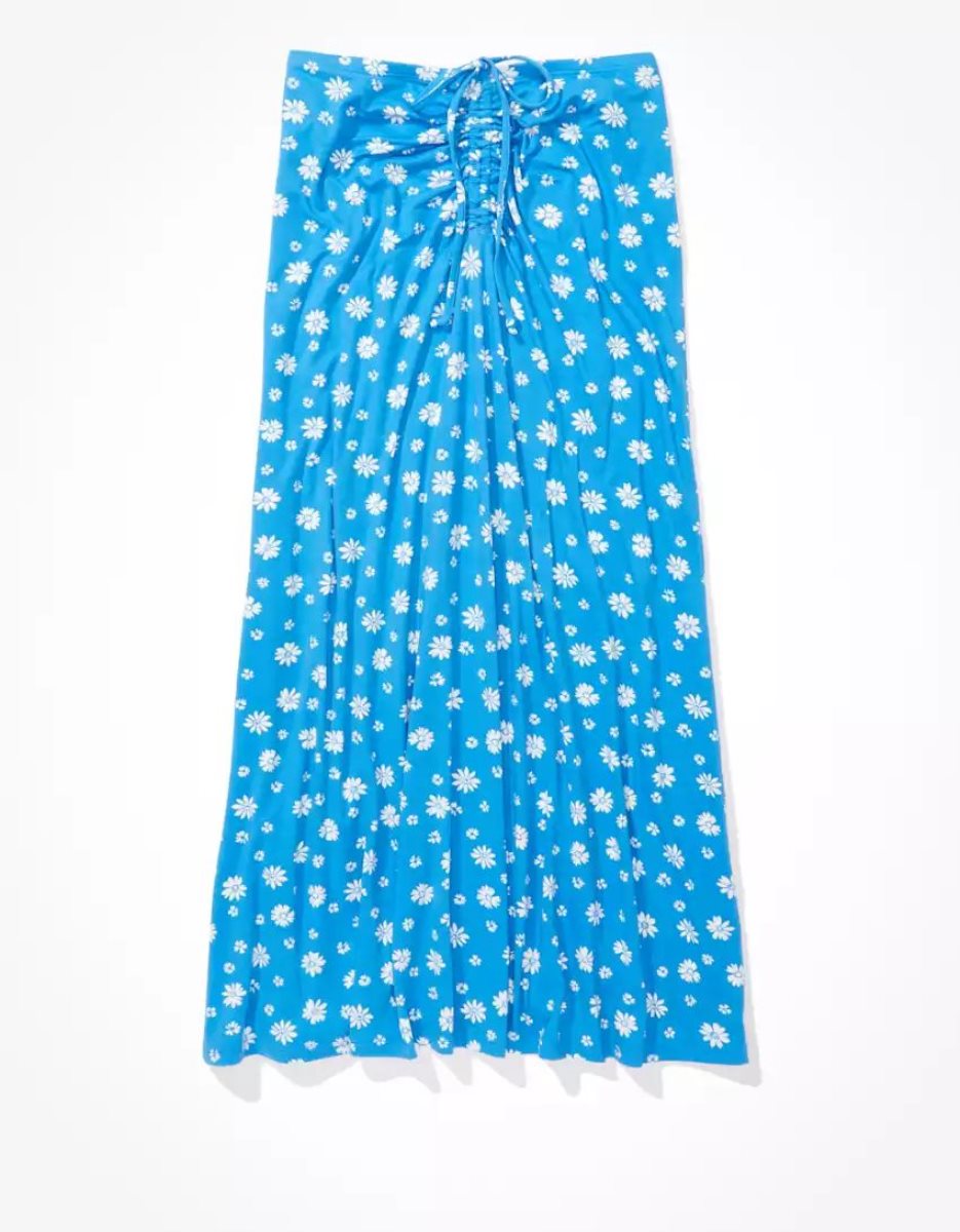 American Eagle AE Floral Ruched Midi GolfSkirts Damen Blau | LOTKC4309