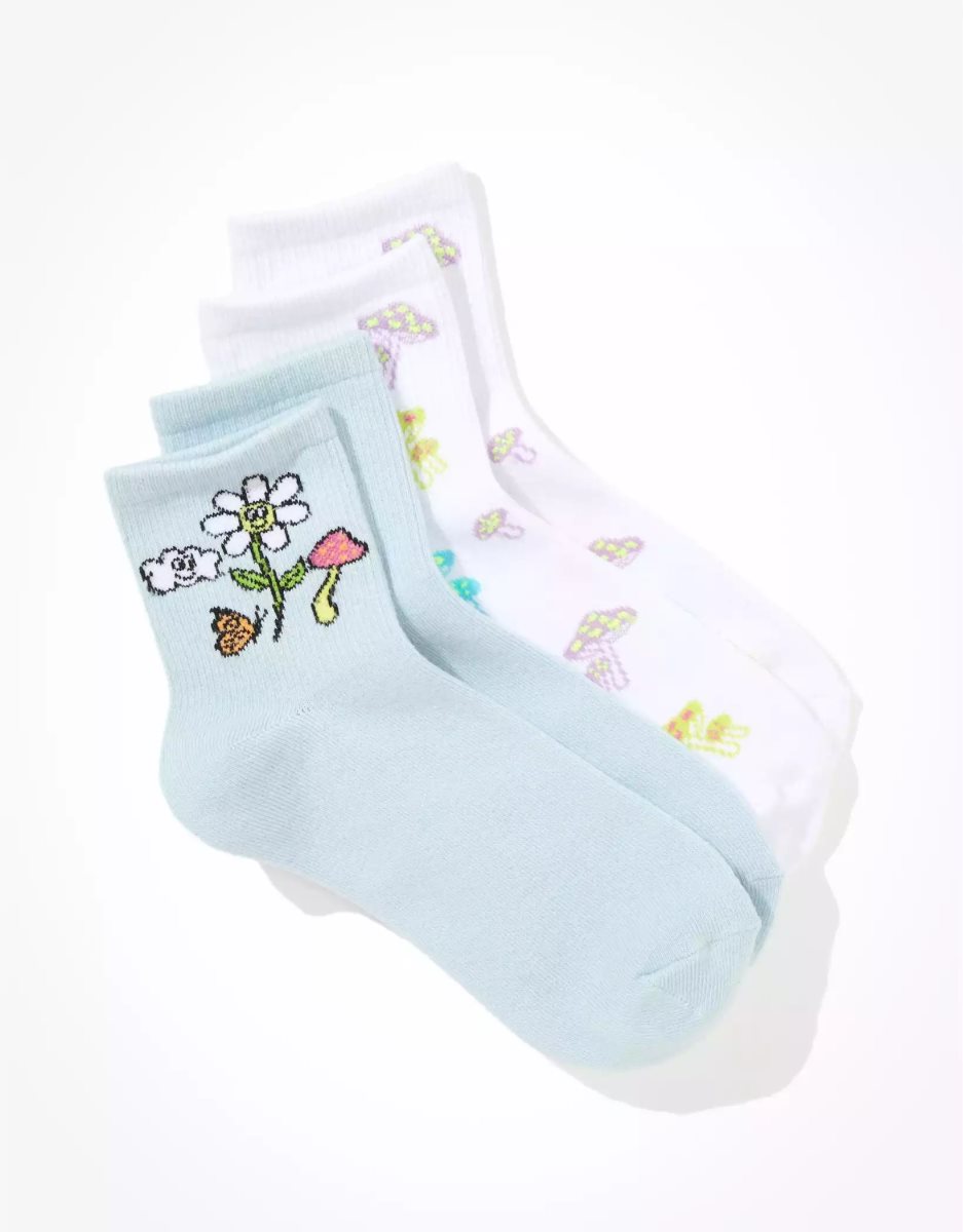 American Eagle AE Flower Mushroom Boyfriend Sock 2-Pack Socken Damen Blau | ARKVO9704