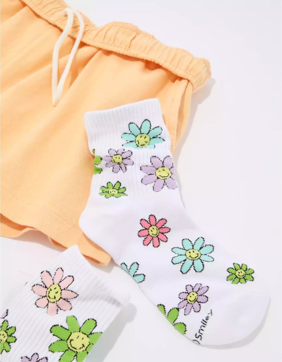 American Eagle AE Flower Smiley '90s Crew Socken Damen Weiß | ZBIWR9215