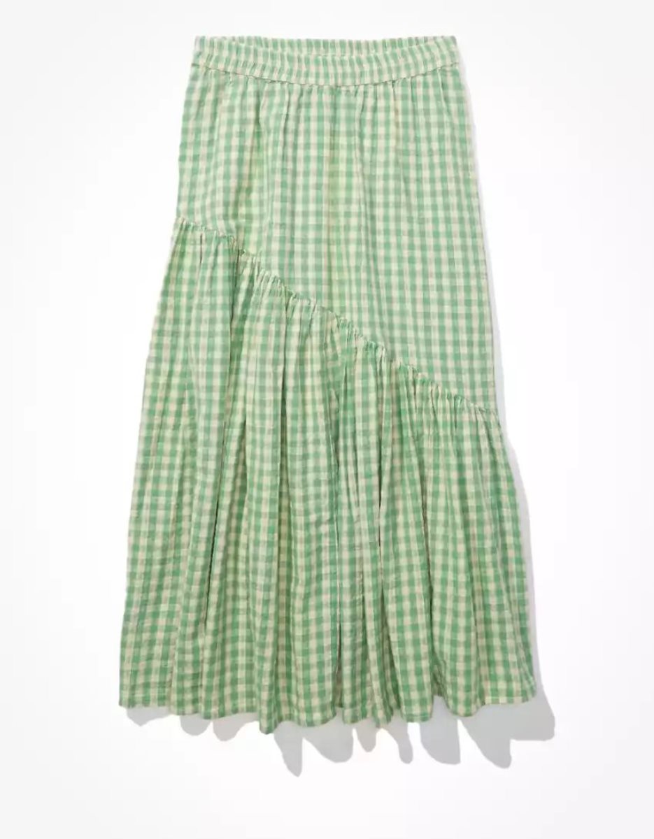 American Eagle AE Gingham Asymmetrical Tiered Midi GolfSkirts Damen Grün | NROGV7103