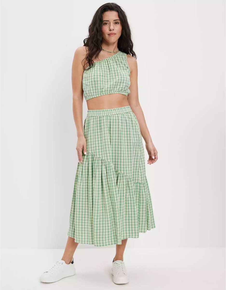 American Eagle AE Gingham Asymmetrical Tiered Midi GolfSkirts Damen Grün | NROGV7103