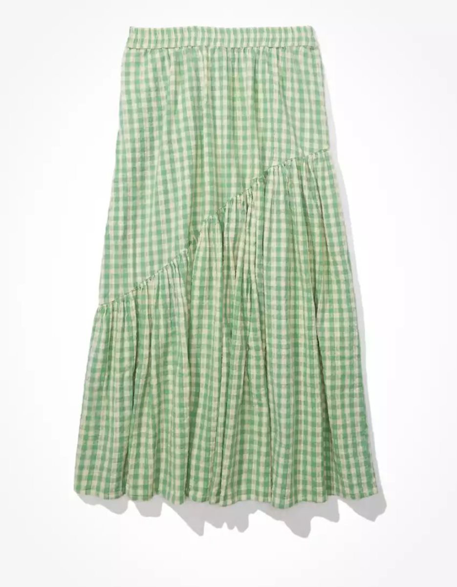 American Eagle AE Gingham Asymmetrical Tiered Midi GolfSkirts Damen Grün | NROGV7103