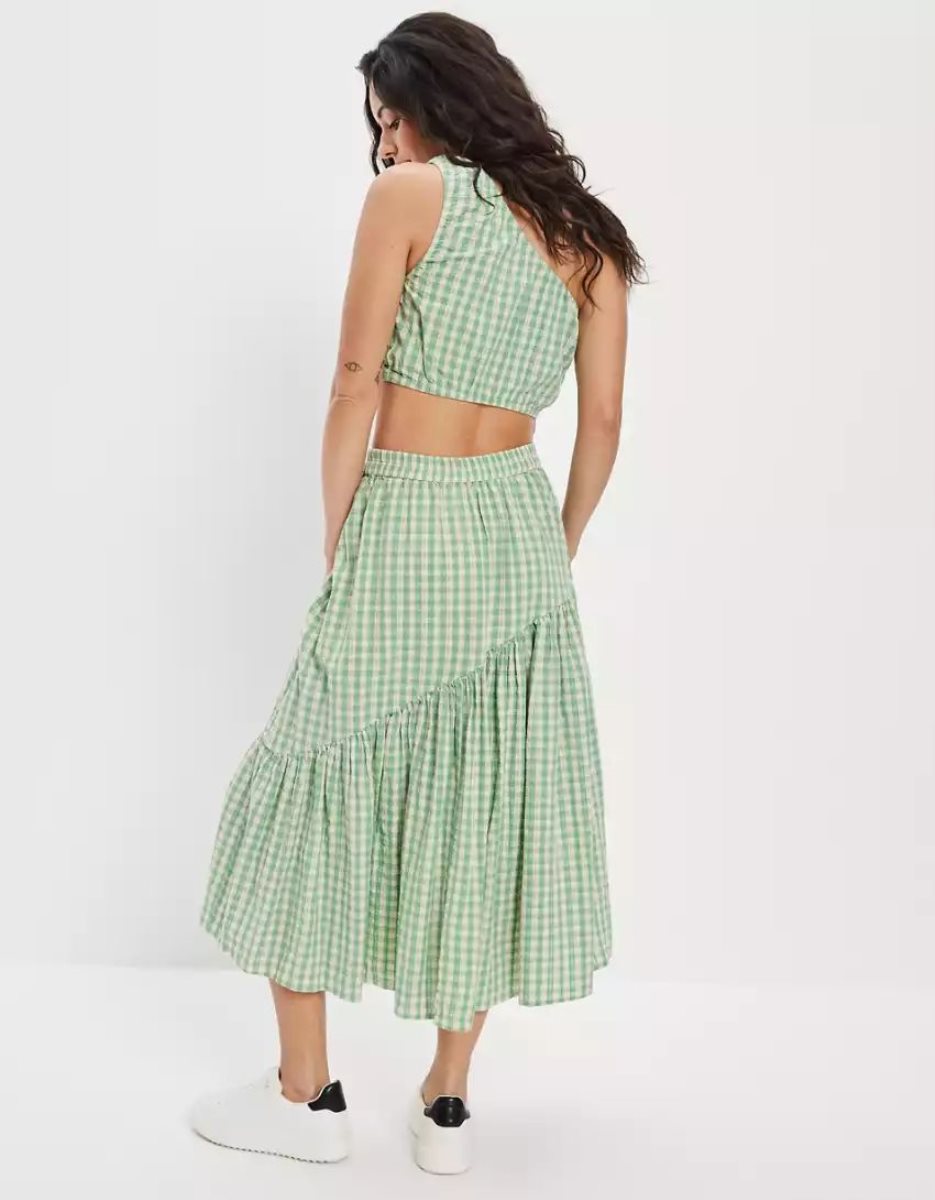 American Eagle AE Gingham Asymmetrical Tiered Midi GolfSkirts Damen Grün | NROGV7103