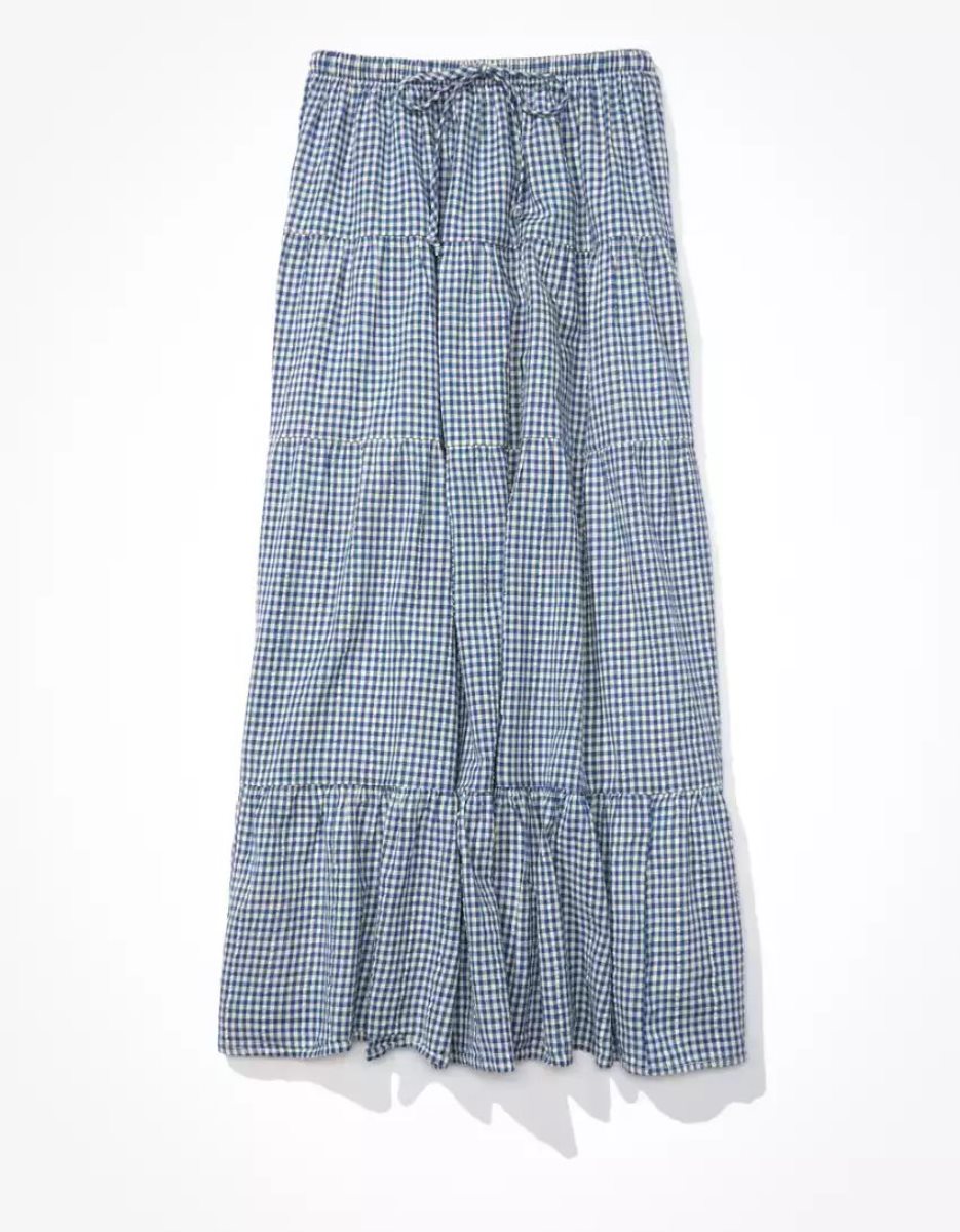 American Eagle AE Gingham Tiered Midi GolfSkirts Damen Navy | VYORN1683