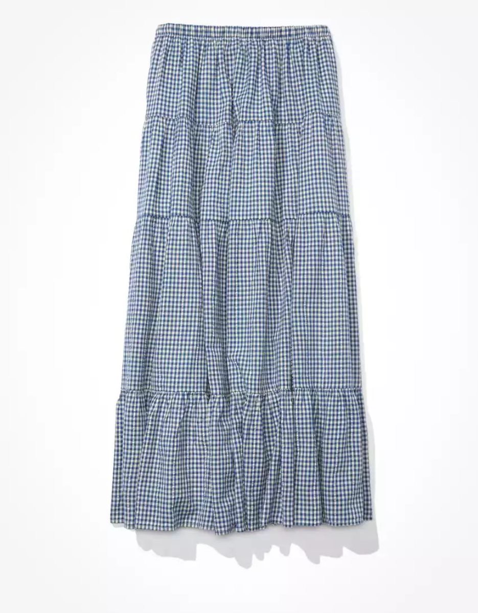 American Eagle AE Gingham Tiered Midi GolfSkirts Damen Navy | VYORN1683