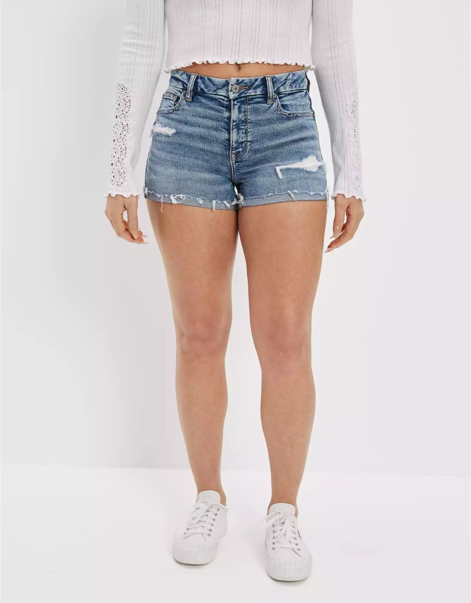 American Eagle AE Ne(x)t Level Curvy High-Waisted Denim GolfShorts Damen Hellwaschen | SZHON0193