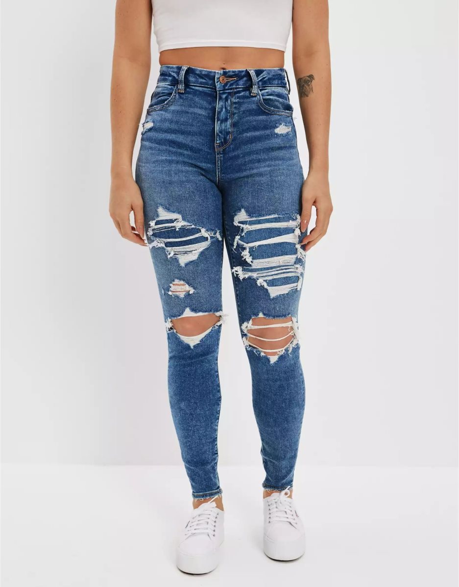 American Eagle AE Ne(x)t Level Patched Curvy High-Waisted Jegging Jeans Damen Blau | ALHYD2670