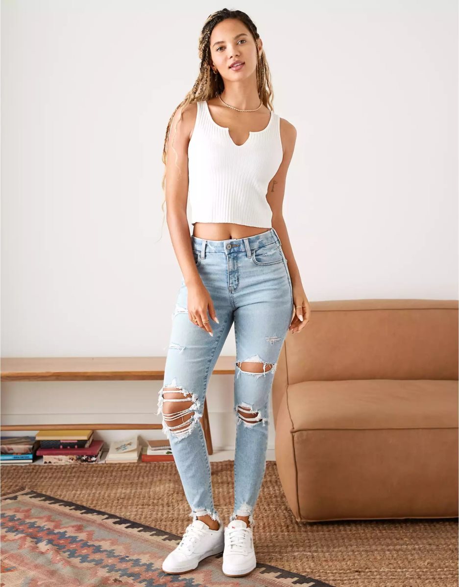 American Eagle AE Ne(x)t Level Ripped Curvy High-Waisted Jegging Jeans Damen Hellwaschen | PZGKF5316