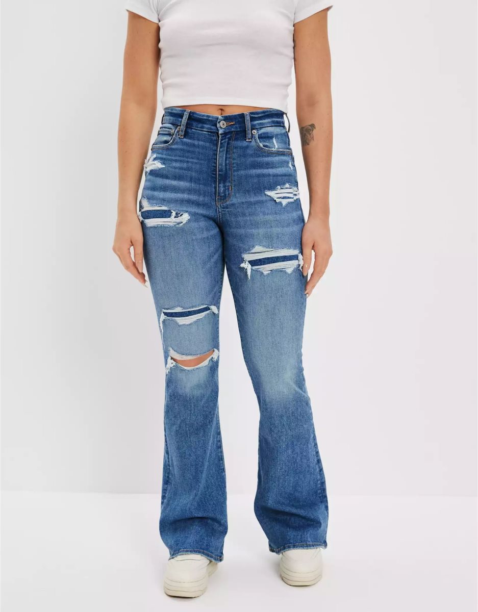 American Eagle AE Ne(x)t Level Ripped Curvy Super High-Waisted Flare Jeans Damen Mehrfarbig | YXTNS0519