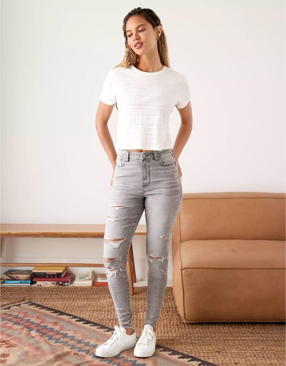 American Eagle AE Ne(x)t Level Ripped High V-Rise Curvy Jegging Jeans Damen Grau | ILJTF9875