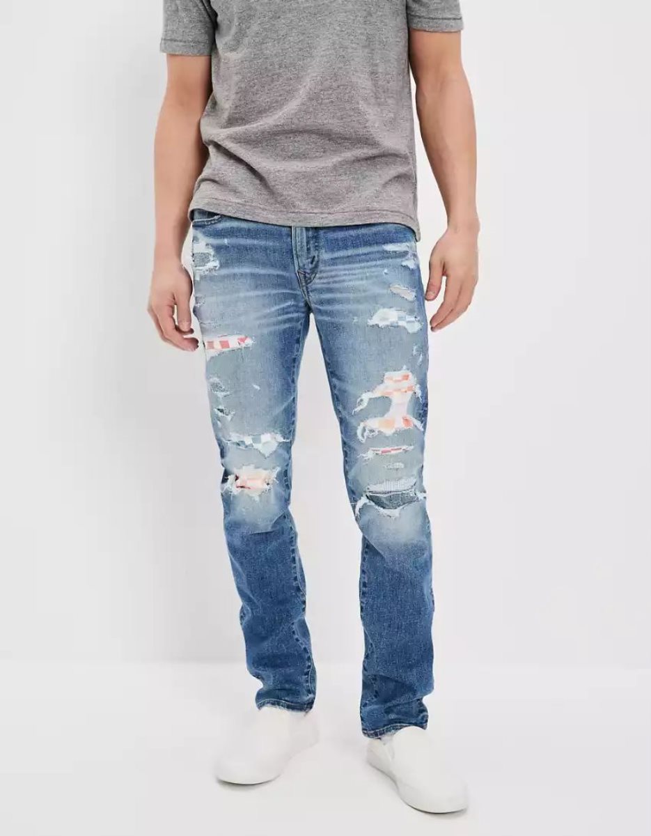 American Eagle AE Pride AirFlexPatched Slim Jeans Herren Blau | RSJNP3250