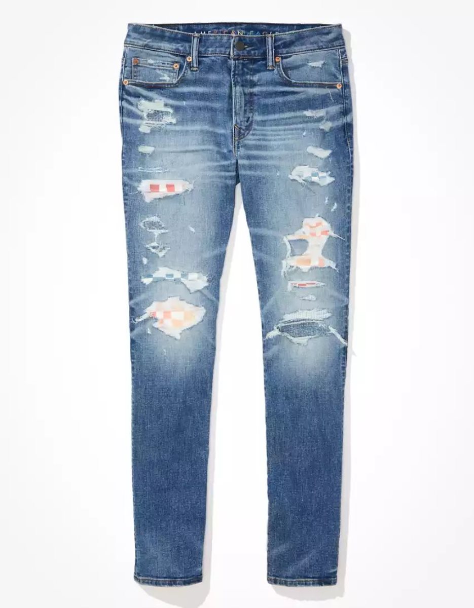 American Eagle AE Pride AirFlexPatched Slim Jeans Herren Blau | RSJNP3250