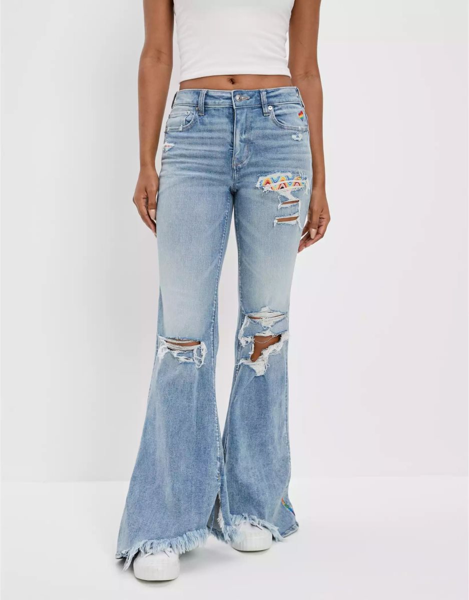 American Eagle AE Pride Ne(x)t Level Ripped Festival Flare Jeans Damen Hellwaschen | JWDHO7549