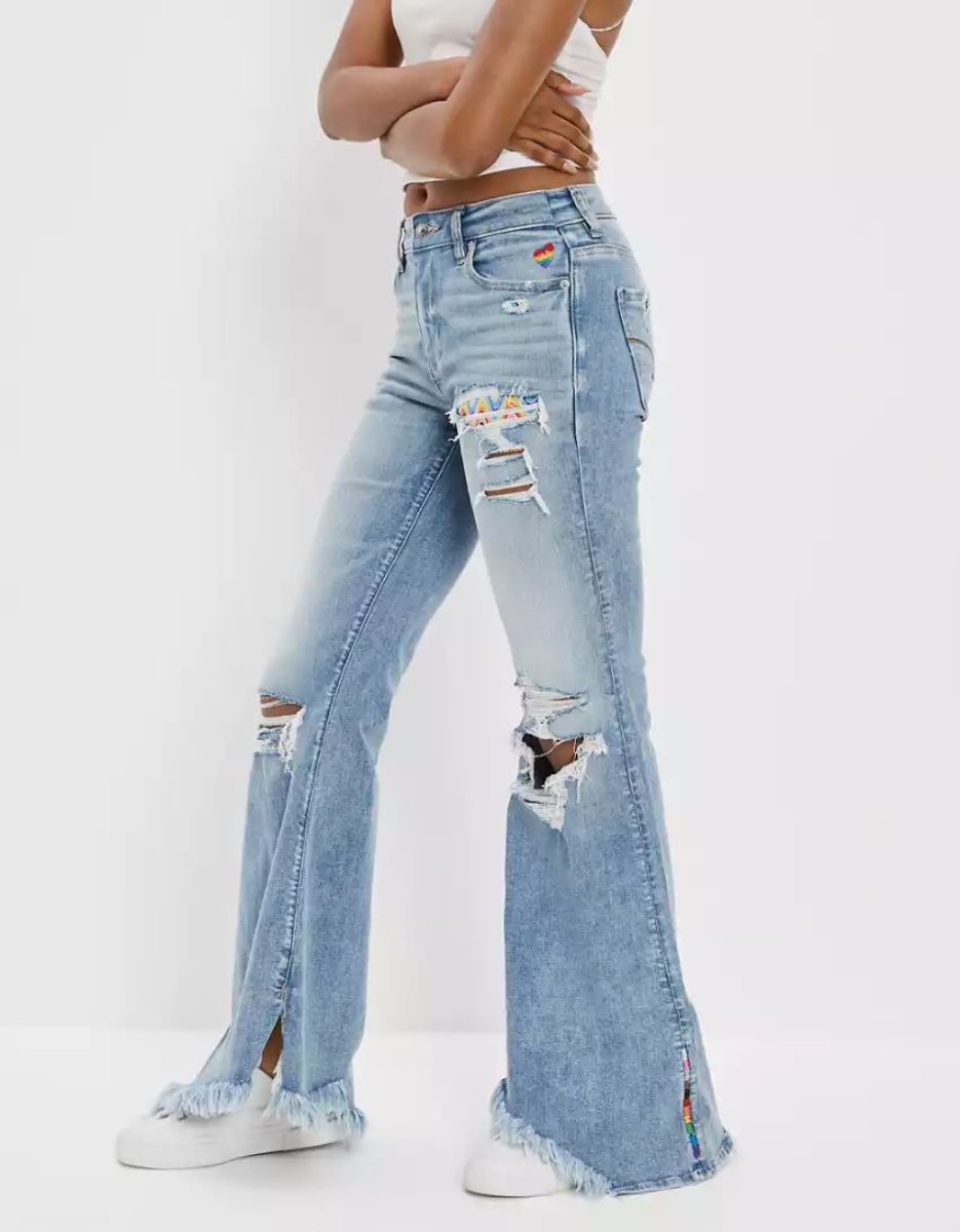 American Eagle AE Pride Ne(x)t Level Ripped Festival Flare Jeans Damen Hellwaschen | JWDHO7549