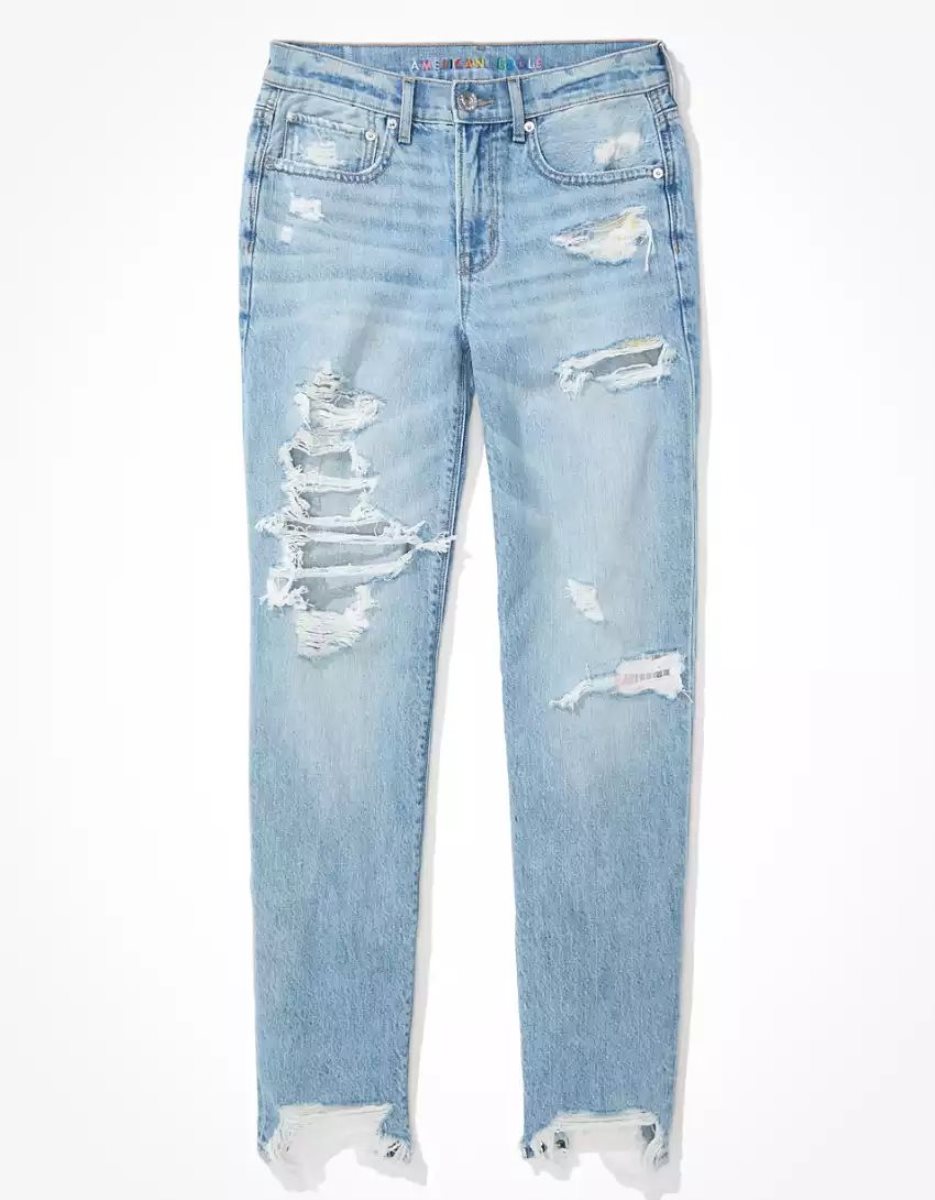 American Eagle AE Pride Ripped '90s Gerade Jeans Damen Blau | HDFKI0549