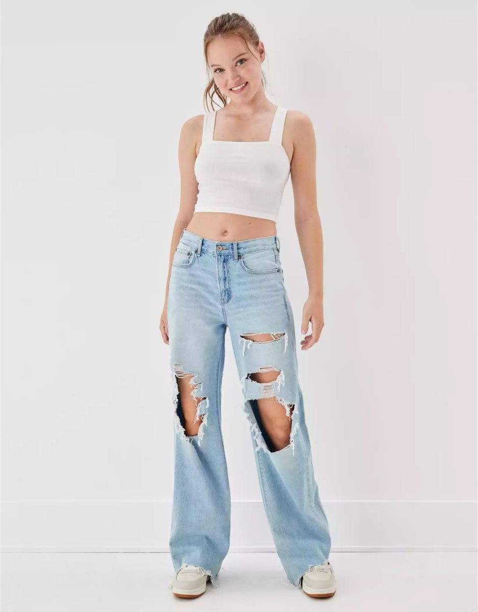 American Eagle AE Ripped Super High-Waisted Baggy Weite-Leg Jeans Damen Hellwaschen | DKQRB4286