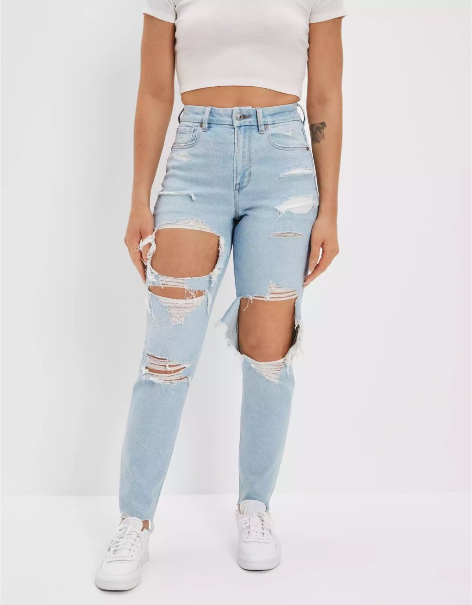 American Eagle AE Stretch Ripped Curvy Mom Jeans Damen Indigo | LOPFE8715