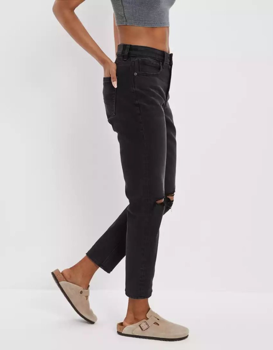 American Eagle AE Stretch Ripped Mom Jeans Damen Schwarz | NOWAV4826