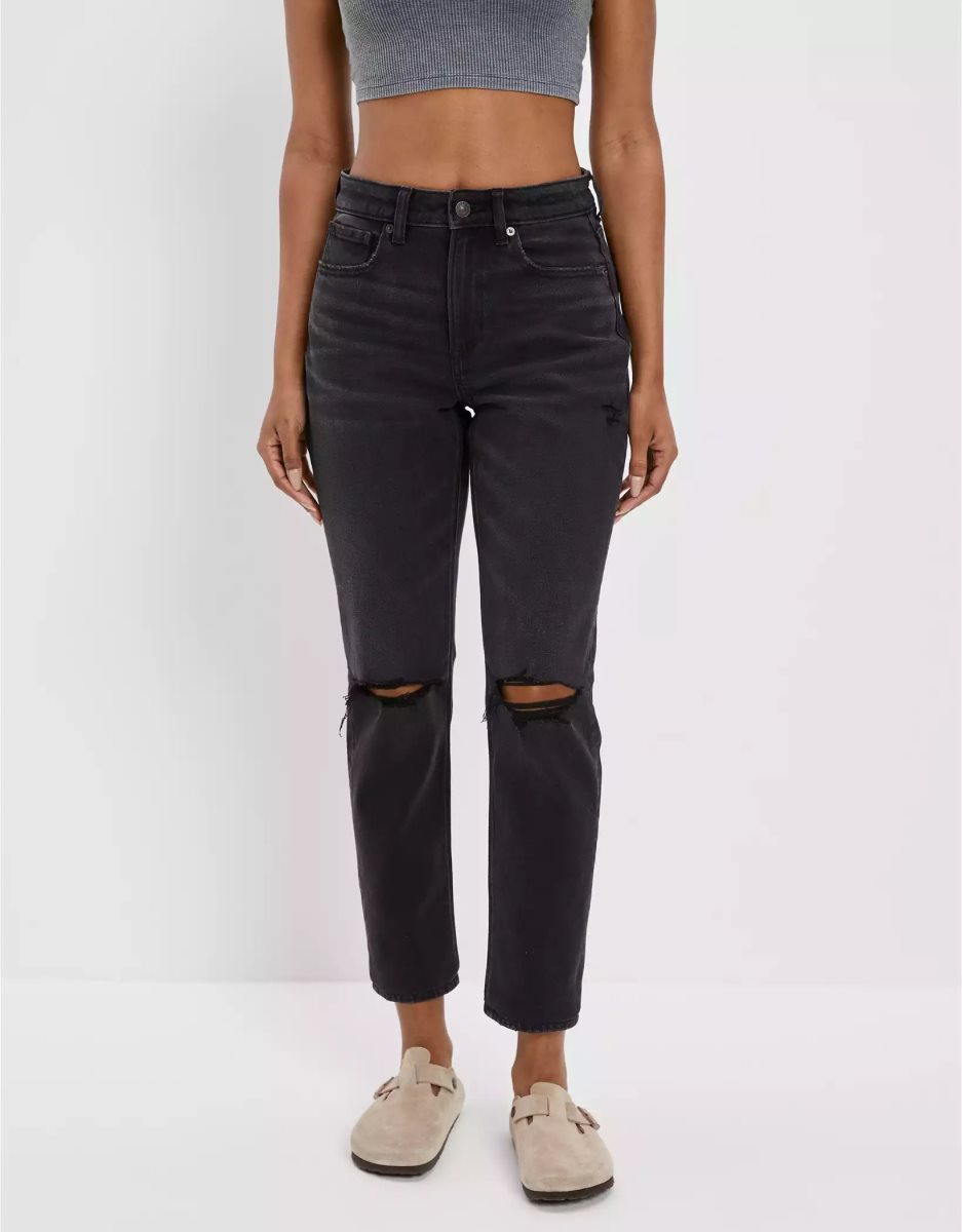 American Eagle AE Stretch Ripped Mom Jeans Damen Schwarz | NOWAV4826