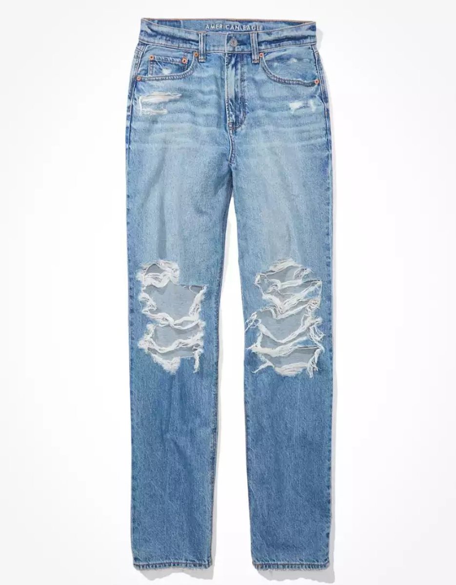 American Eagle AE Strigid Ripped Highest Taille Baggy Gerade Jeans Damen Indigo Waschen | FNGZM0537