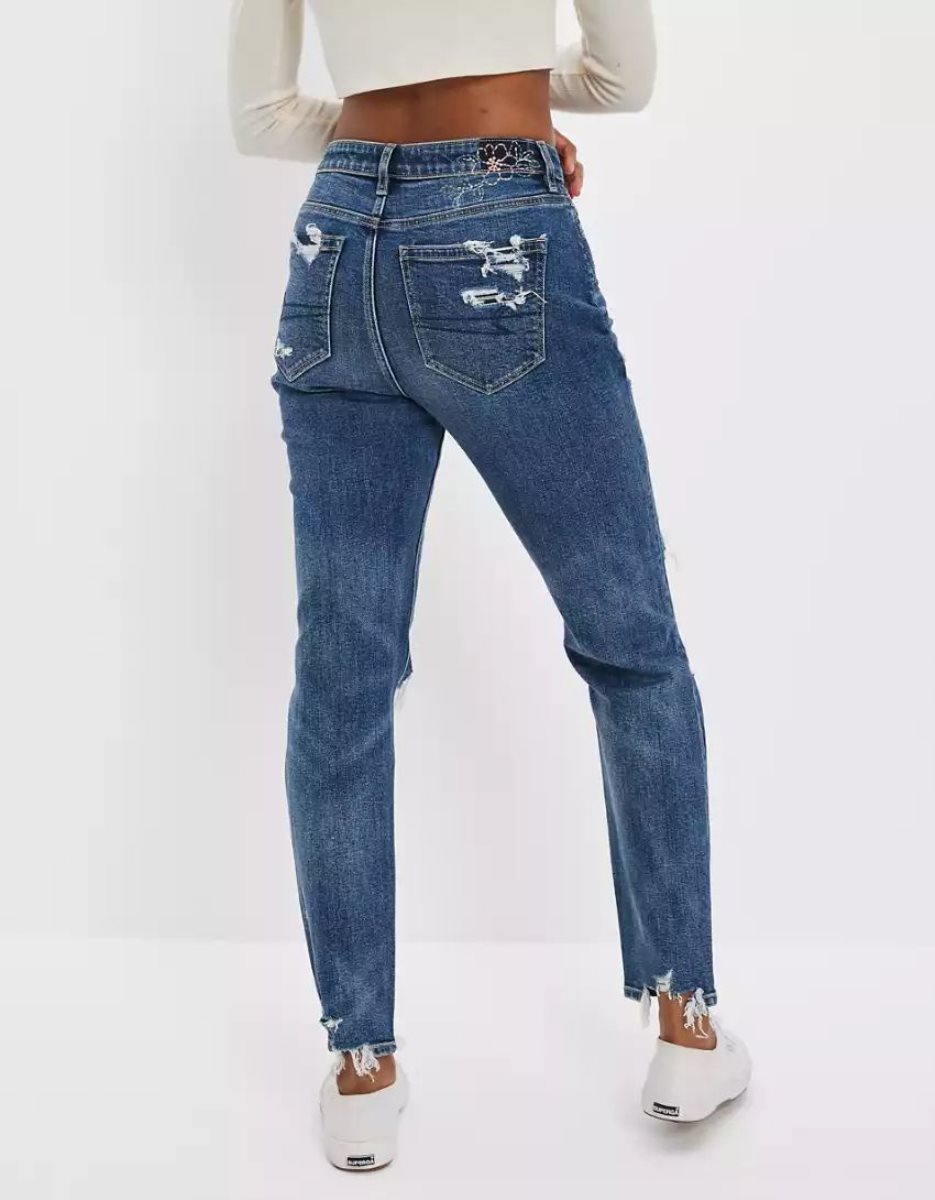 American Eagle AE Strigid Ripped Mom Jeans Damen Indigo | BPZFW5286