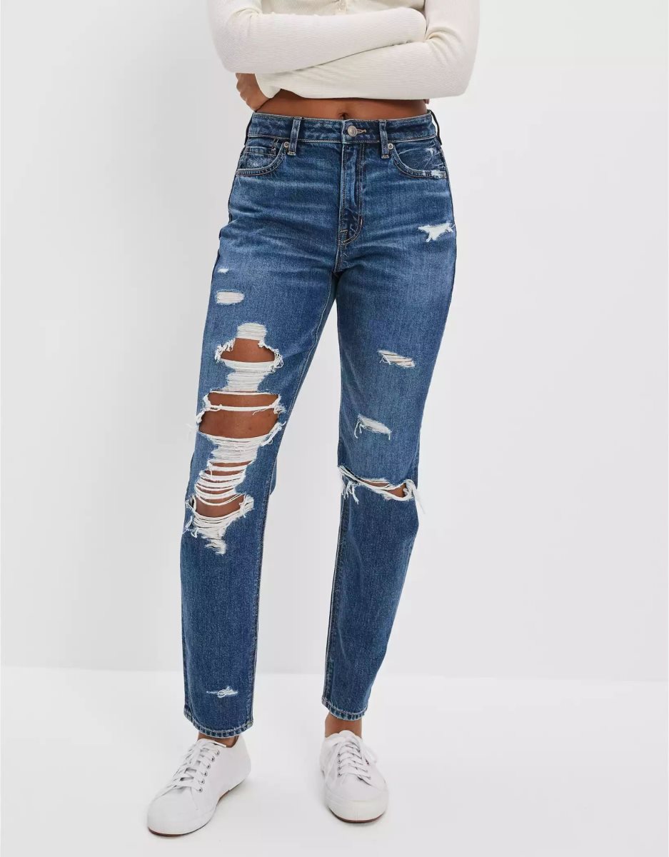 American Eagle AE Strigid Ripped Mom Jeans Damen Indigo | BPZFW5286