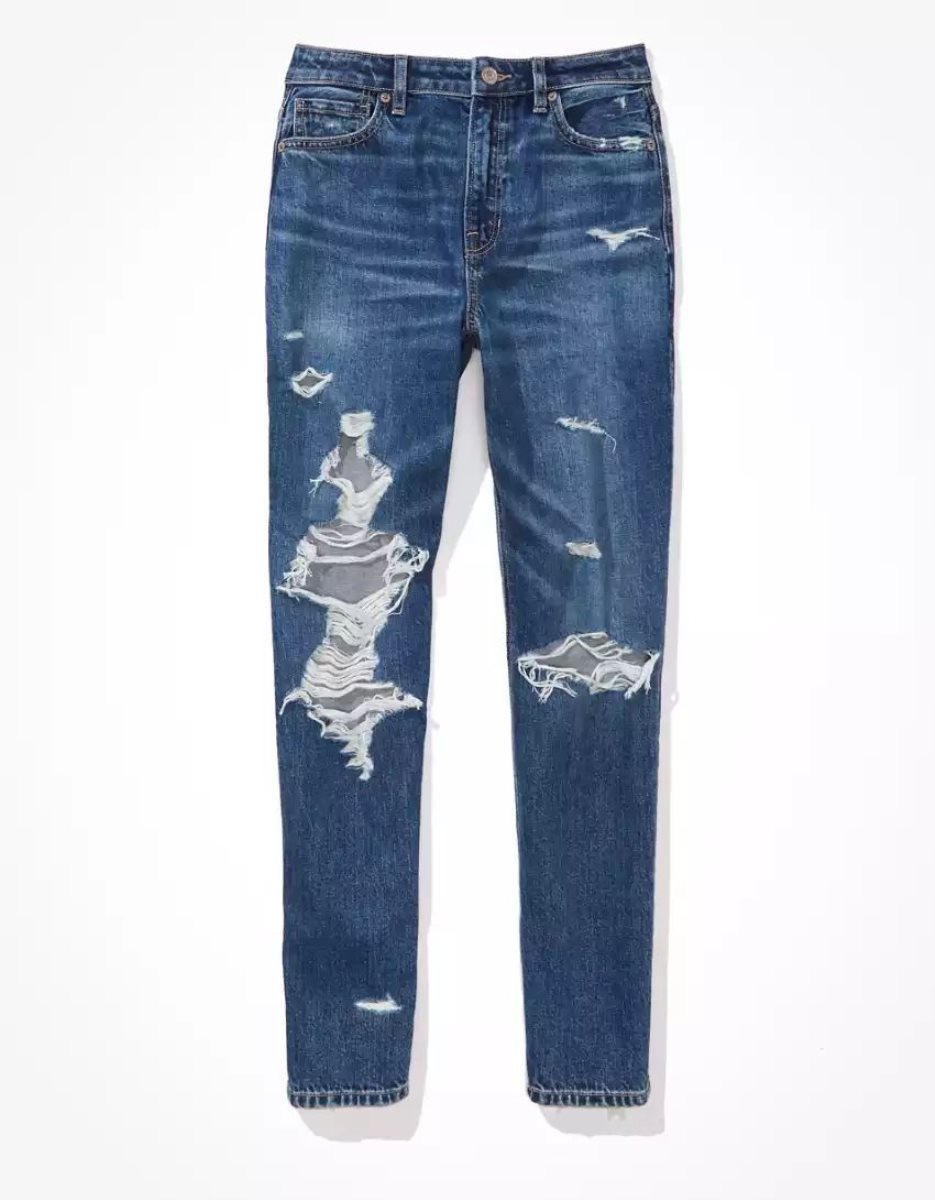 American Eagle AE Strigid Ripped Mom Jeans Damen Indigo | BPZFW5286