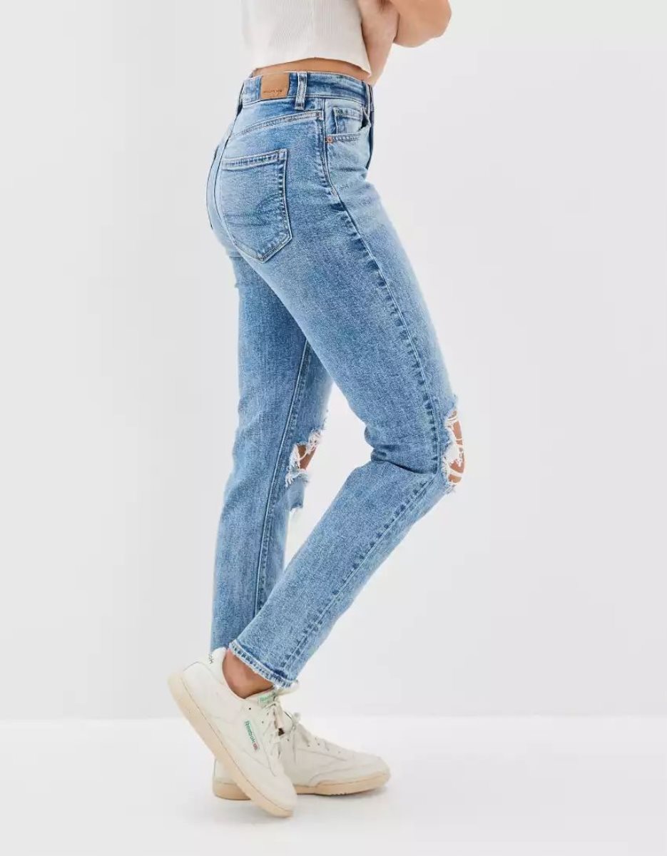 American Eagle AE Strigid Ripped Mom Jeans Damen Blau | CDIRX4107