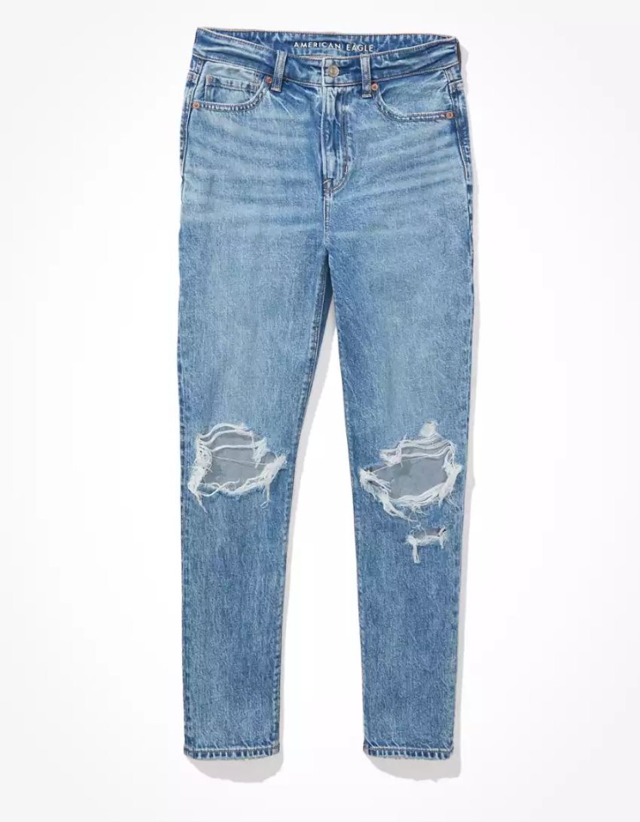 American Eagle AE Strigid Ripped Mom Jeans Damen Blau | CDIRX4107