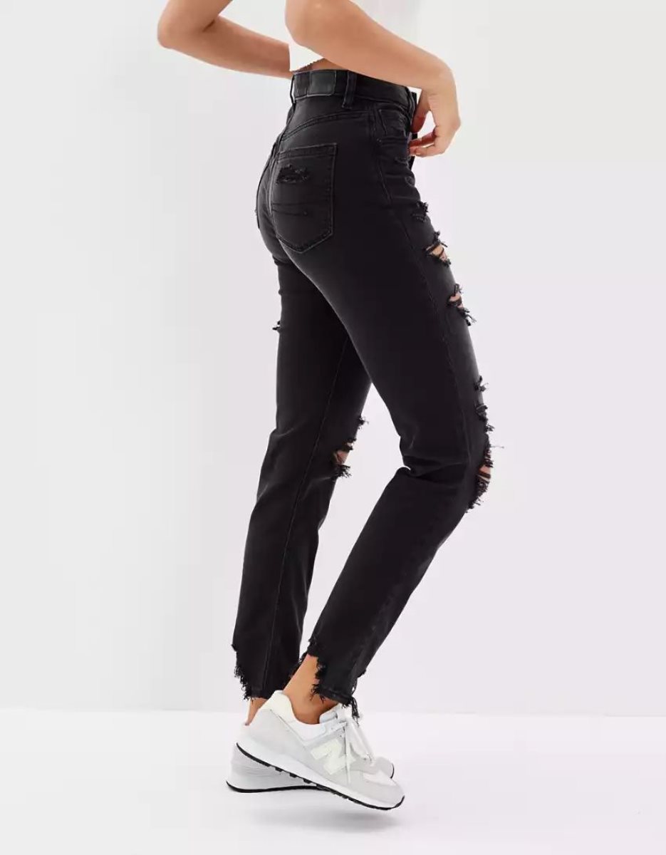 American Eagle AE Strigid Ripped Mom Jeans Damen Schwarz | NJUKP8057