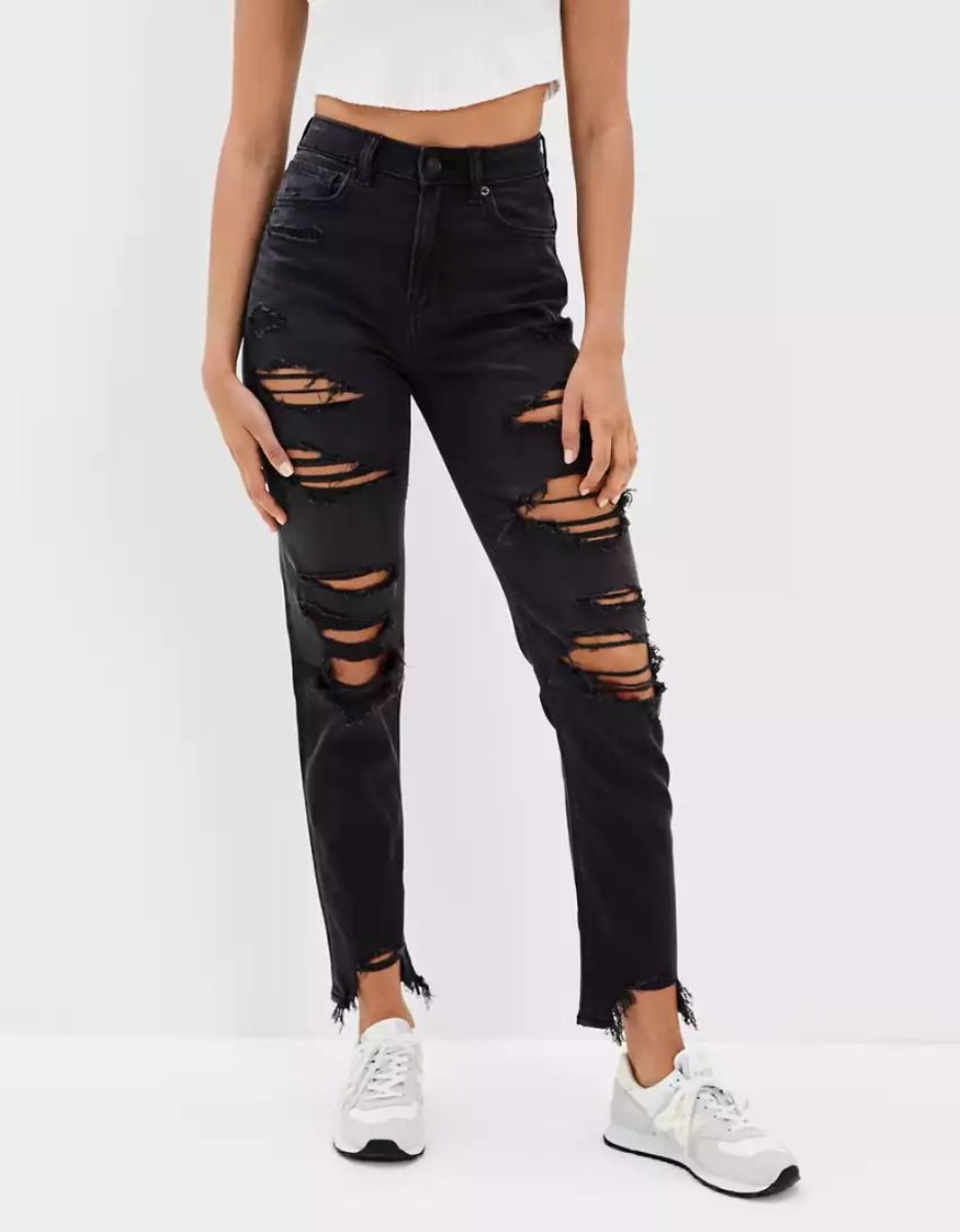 American Eagle AE Strigid Ripped Mom Jeans Damen Schwarz | NJUKP8057