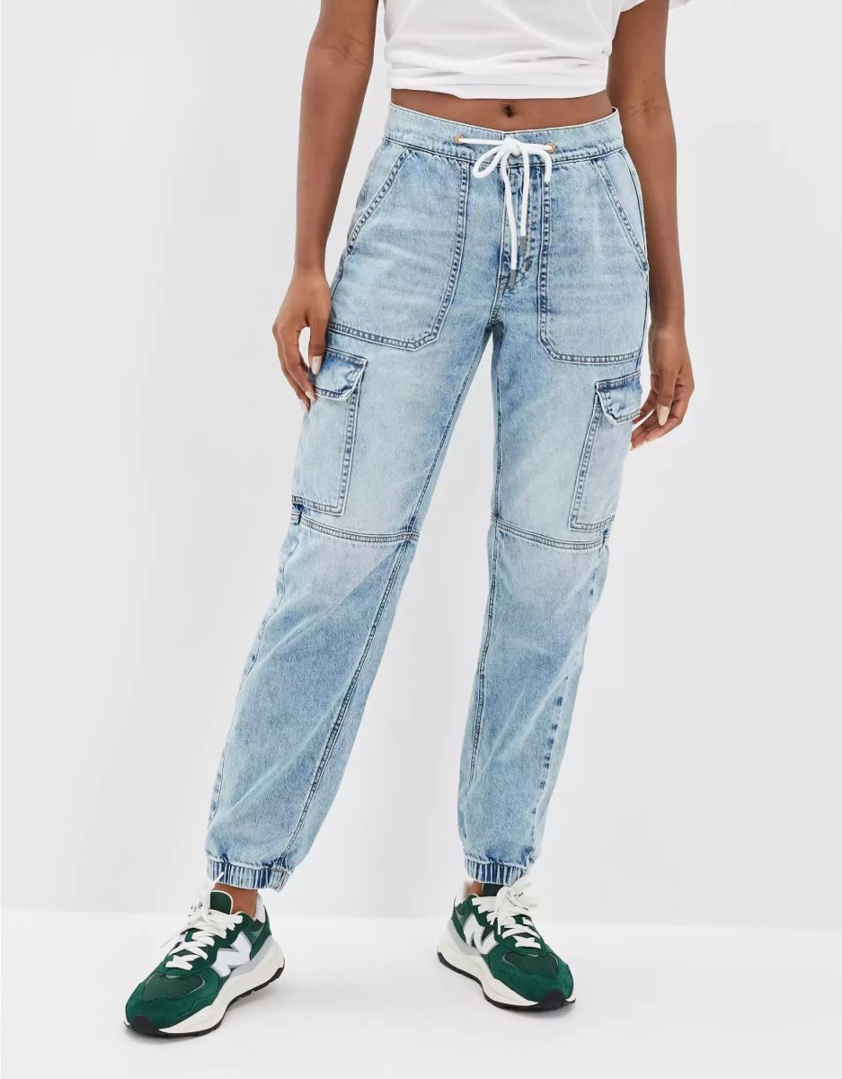 American Eagle AE Super High-Waisted Cargo Denim Jogger Jeans Damen Hellblau | IVCQF7524