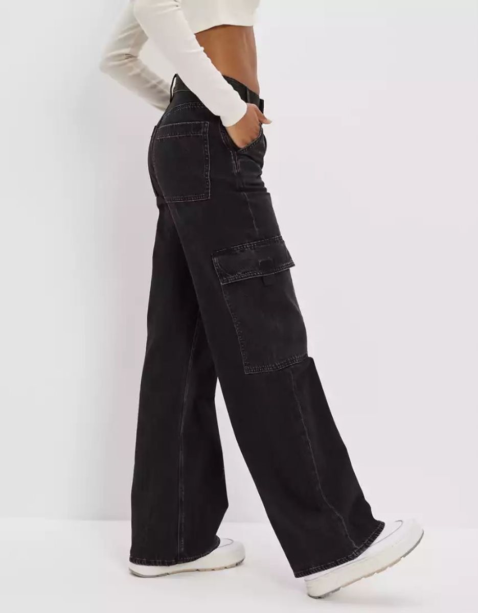 American Eagle AE Super High-Waisted Cargo Baggy Weite-Leg Jeans Damen Schwarz | UOASQ6930