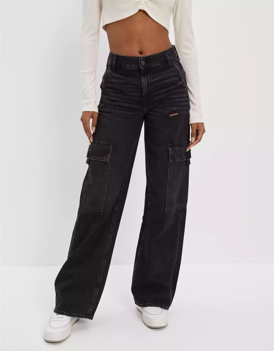 American Eagle AE Super High-Waisted Cargo Baggy Weite-Leg Jeans Damen Schwarz | UOASQ6930