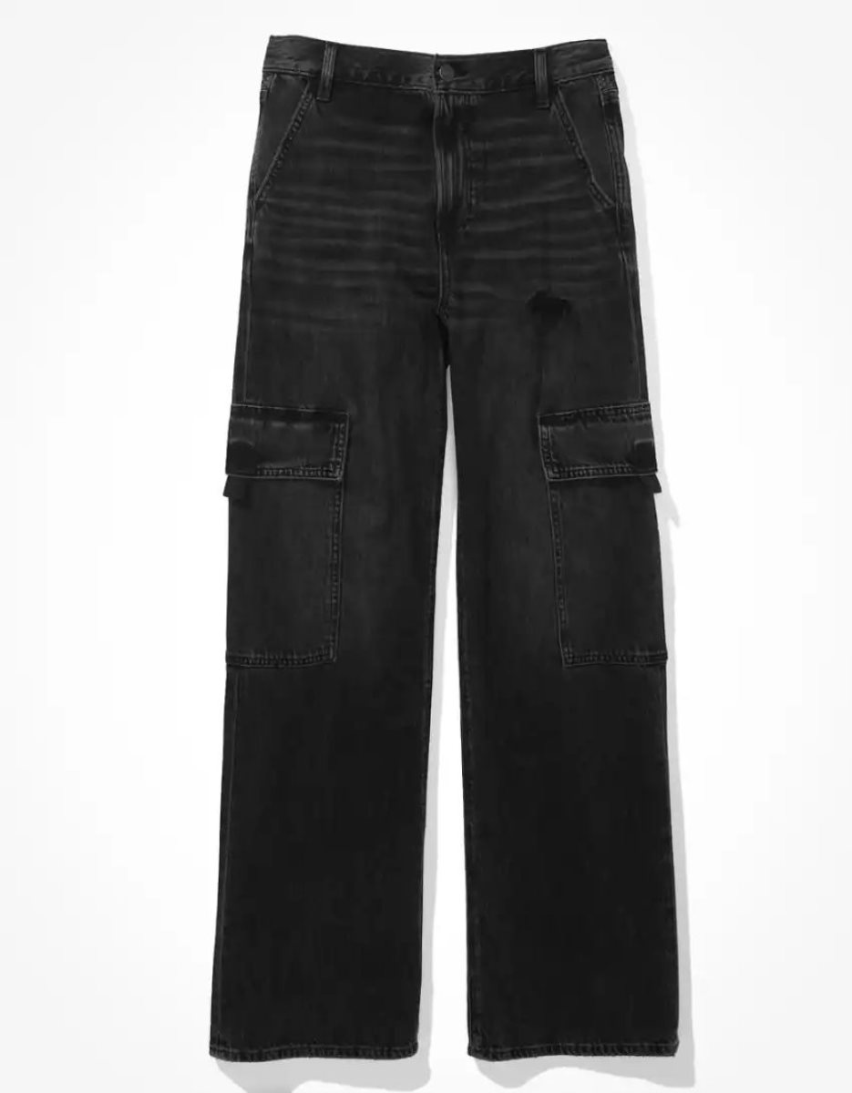 American Eagle AE Super High-Waisted Cargo Baggy Weite-Leg Jeans Damen Schwarz | UOASQ6930