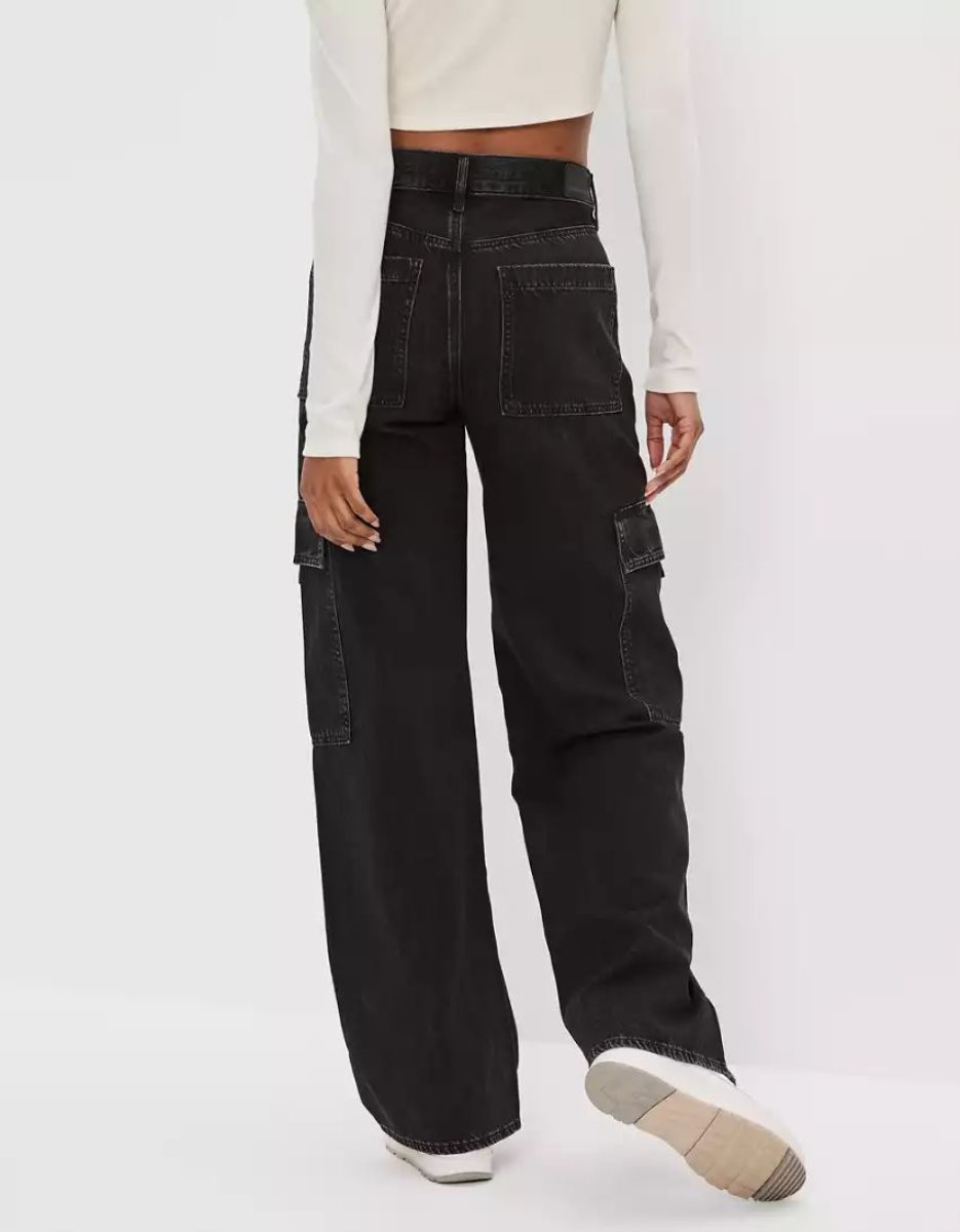 American Eagle AE Super High-Waisted Cargo Baggy Weite-Leg Jeans Damen Schwarz | UOASQ6930