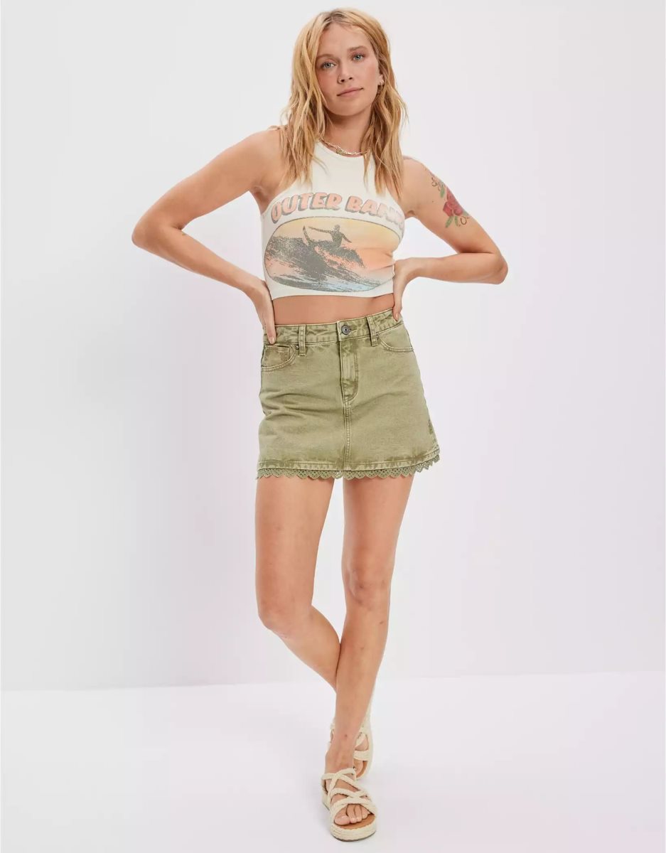 American Eagle AE Super High-Waisted Spitze Denim Mini GolfSkirts Damen Olivgrün | AQIJY5017