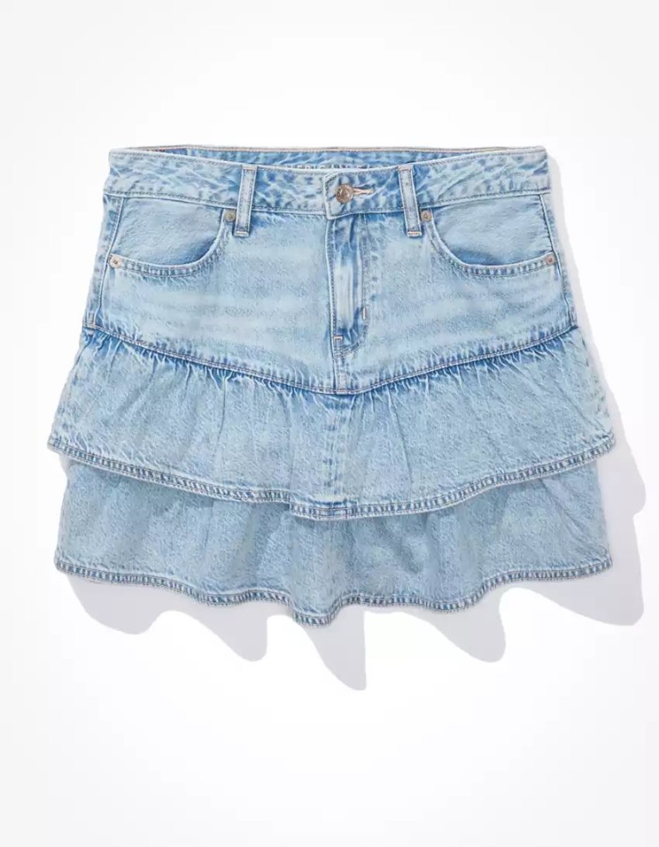 American Eagle AE Tiered Ruffle Denim Mini GolfSkirts Damen Hellwaschen | VRKDX9157