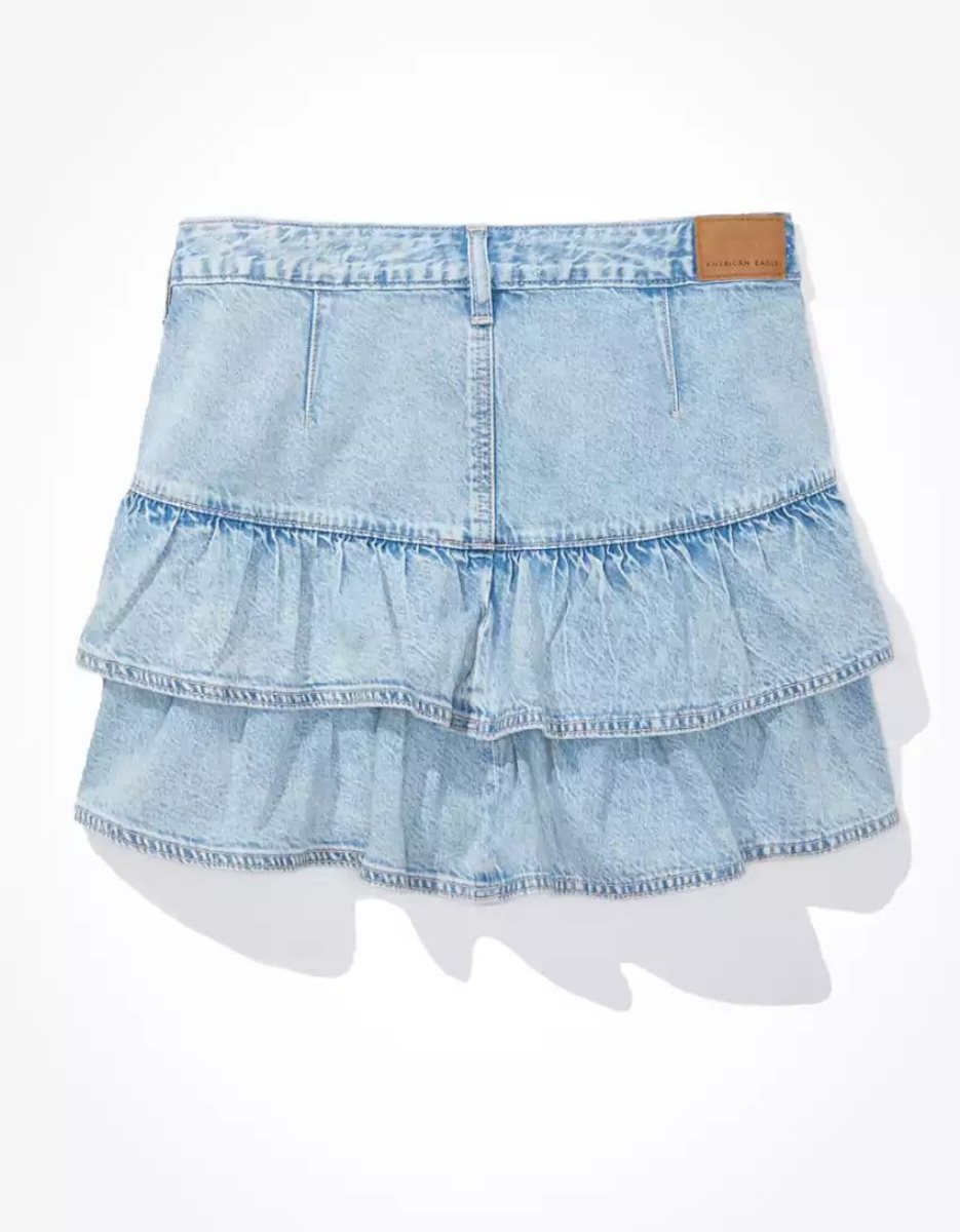 American Eagle AE Tiered Ruffle Denim Mini GolfSkirts Damen Hellwaschen | VRKDX9157