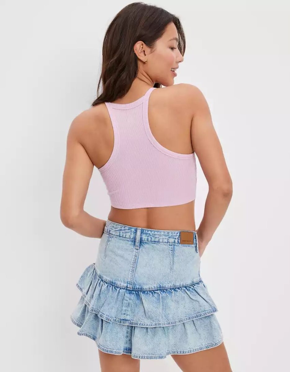 American Eagle AE Tiered Ruffle Denim Mini GolfSkirts Damen Hellwaschen | VRKDX9157