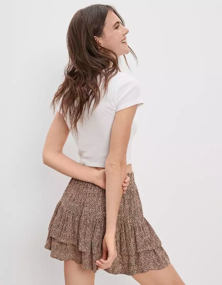 American Eagle AE Tiered Ruffle Tie-Taille Printed Mini GolfSkirts Damen Braun | LVSNO2691