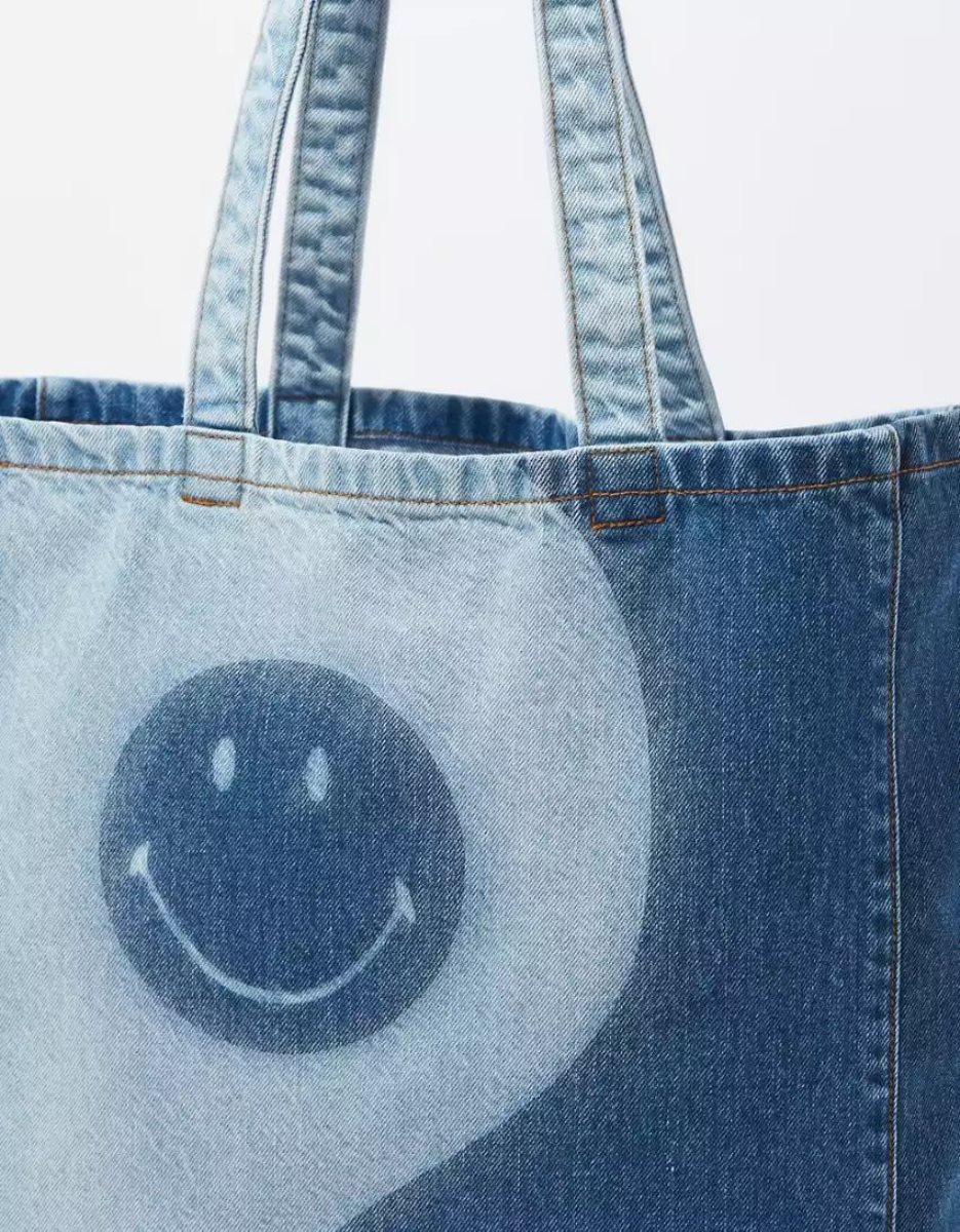 American Eagle AE Yin Yang Smiley Denim Tote Tasche Damen Blau | VBRGK3519